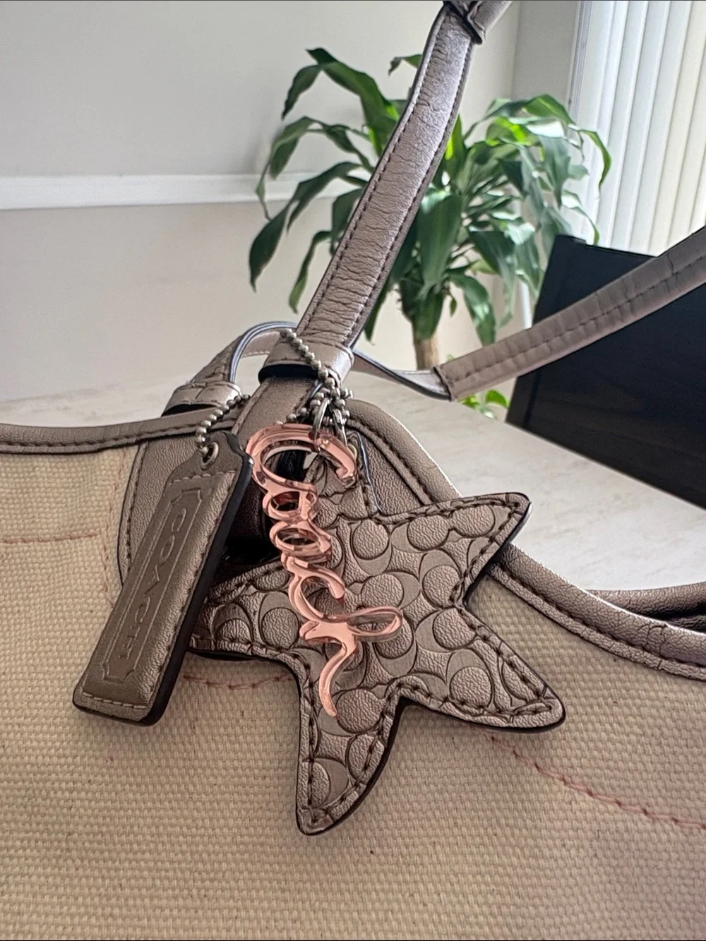 Coach Canvas Tote with Taupe Star Charm and Rose Gold Script